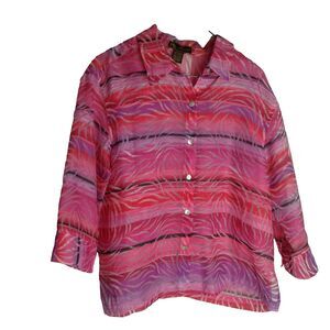 MIRASOL Button Up Blouse Women’s L Rayon Linen Blend Tropical Sunset Top Sheer